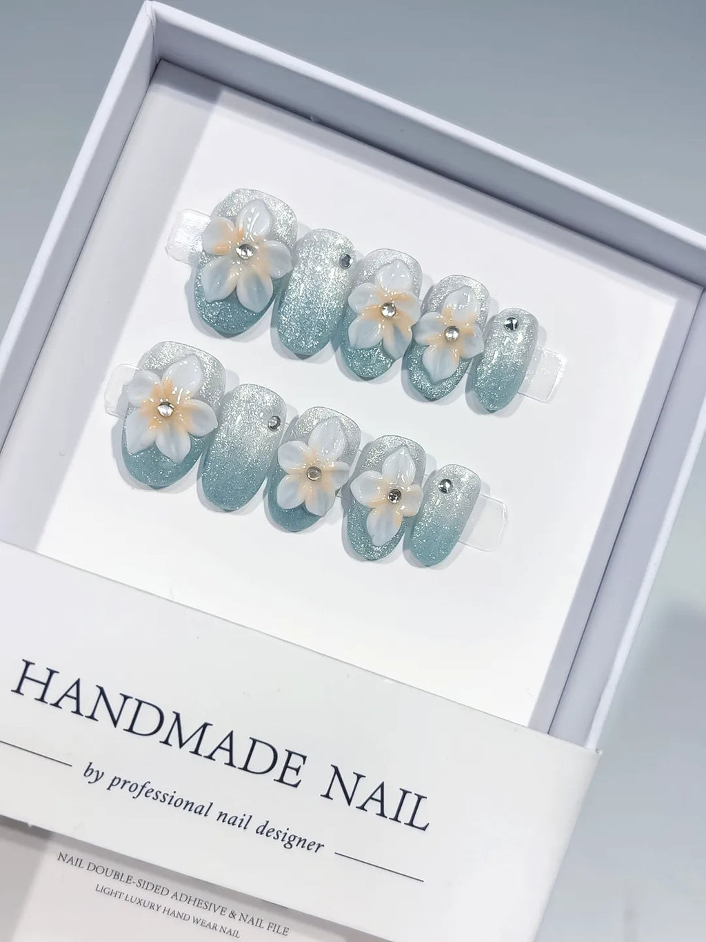 Green White Silver Glitter Flower Pearl press on nails