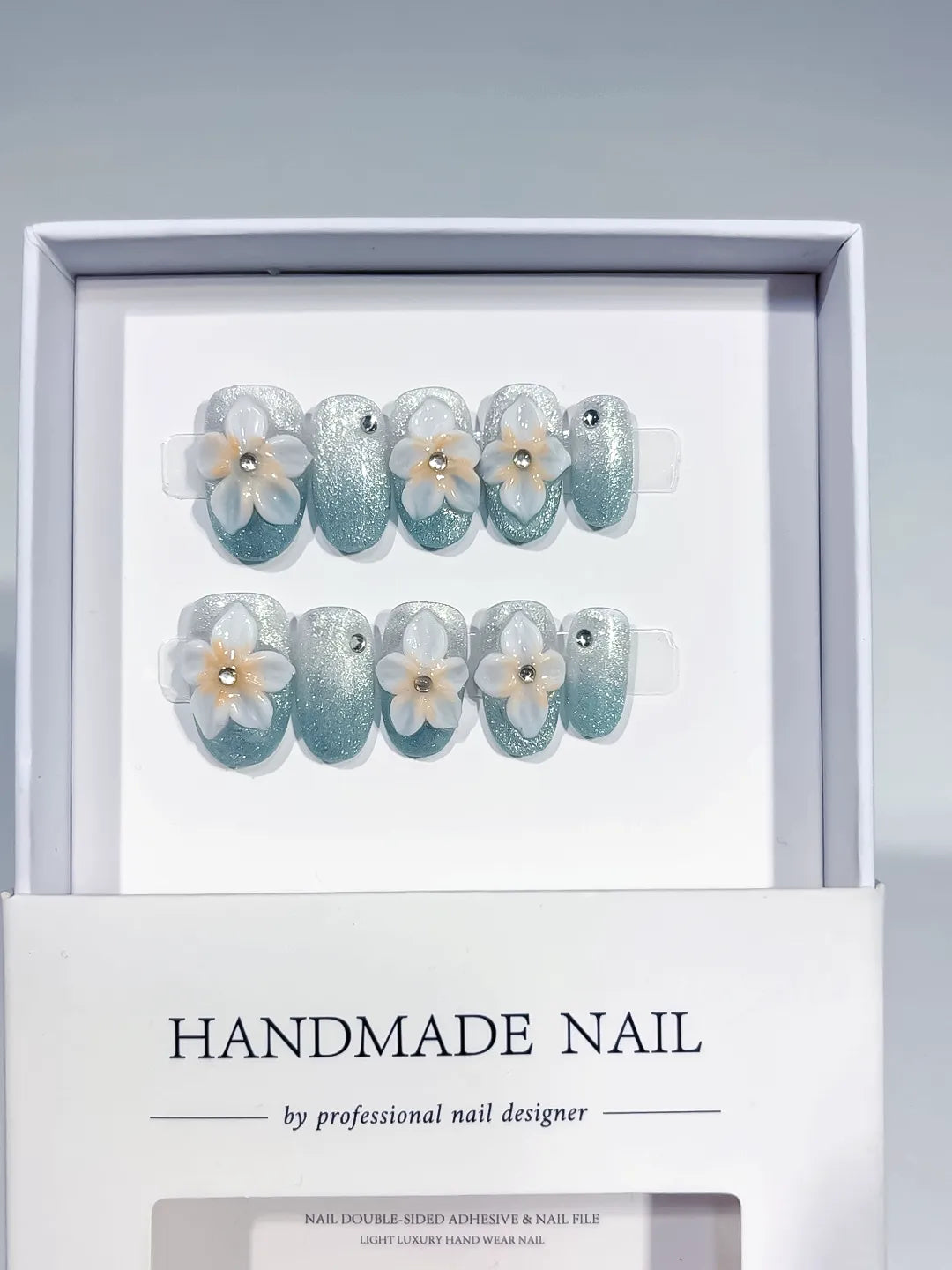 Green White Silver Glitter Flower Pearl press on nails full set view