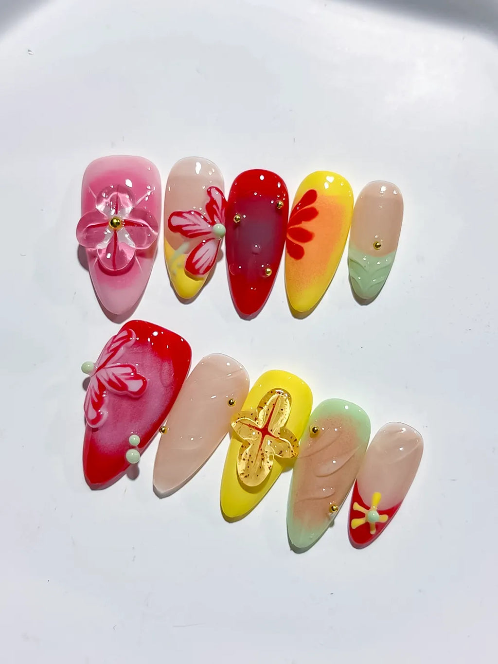 Red Yellow Pink Green Nude Abstract Flower Leaf 3D press on nails close up