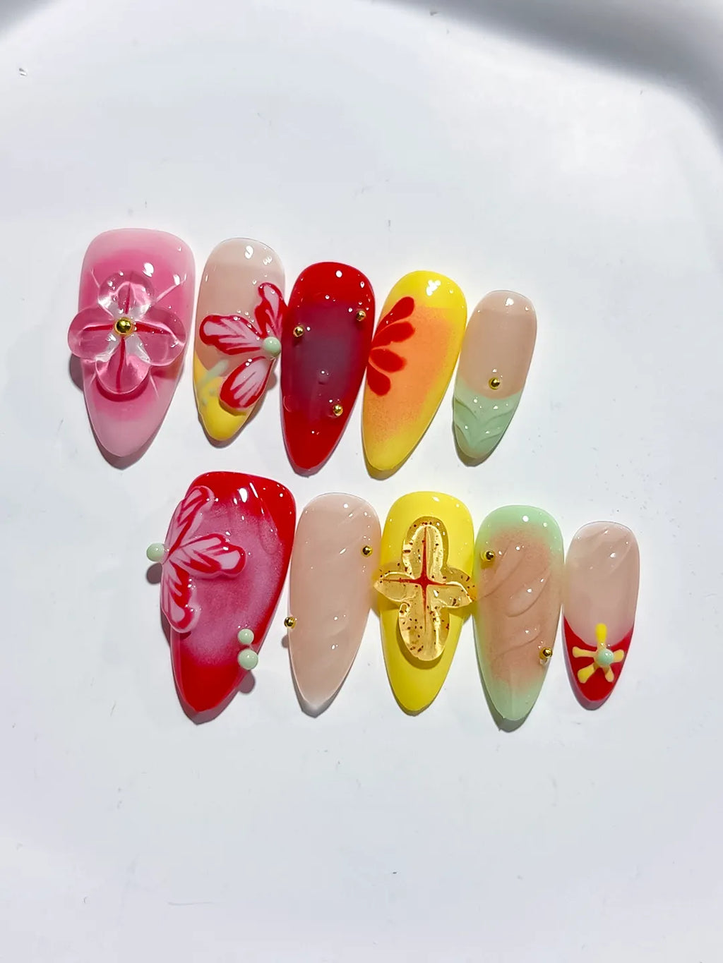 Red Yellow Pink Green Nude Abstract Flower Leaf 3D press on nails detail view