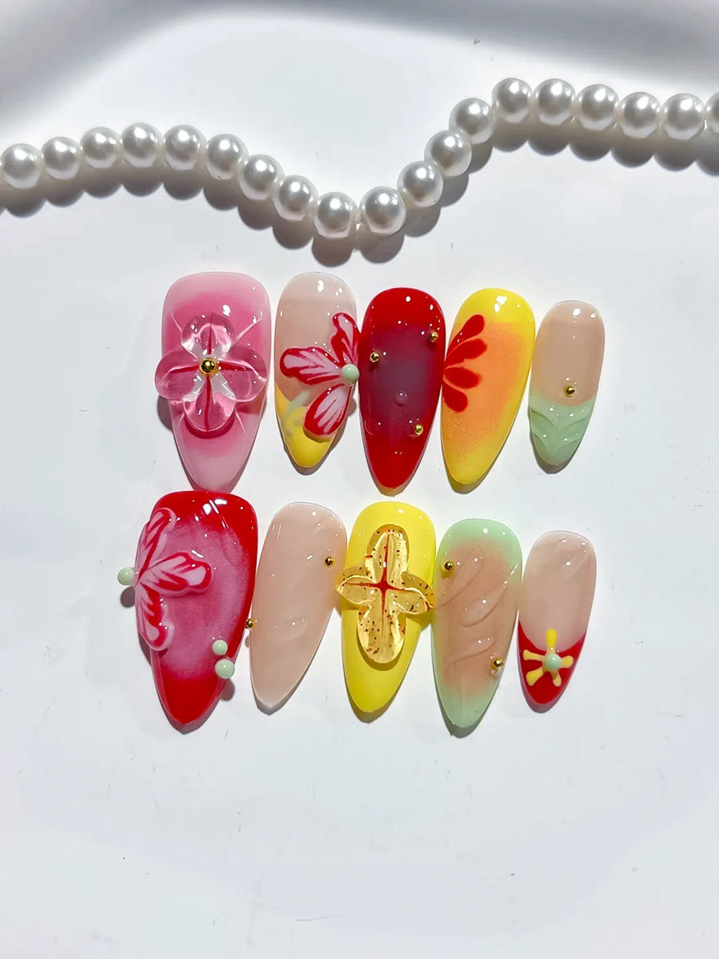 Red Yellow Pink Green Nude Abstract Flower Leaf 3D press on nails detail view