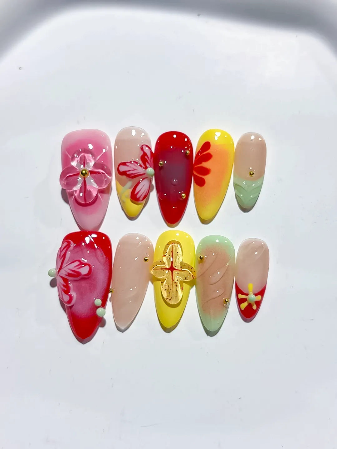 Red Yellow Pink Green Nude Abstract Flower Leaf 3D press on nails detail view