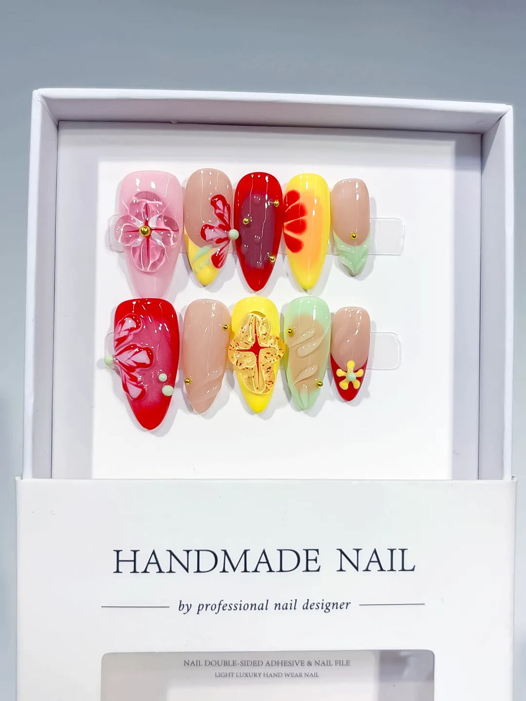 Red Yellow Pink Green Nude Abstract Flower Leaf 3D press on nails full set view