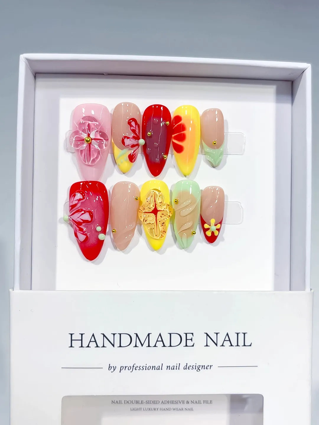 Red Yellow Pink Green Nude Abstract Flower Leaf 3D press on nails full set view