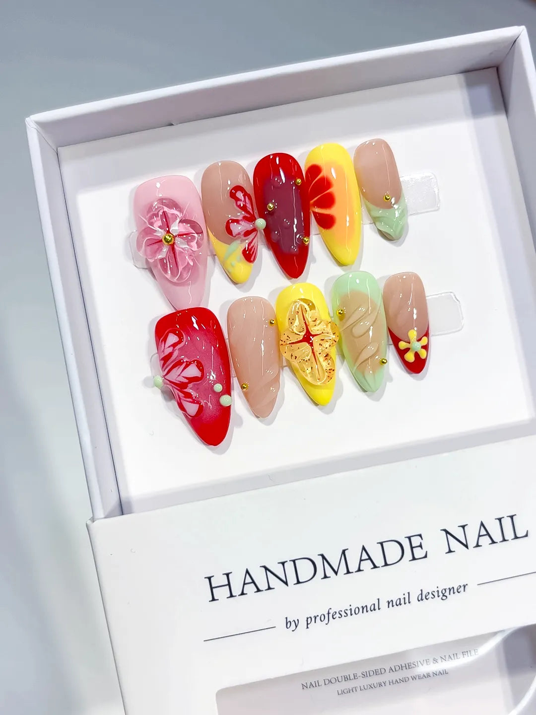 Red Yellow Pink Green Nude Abstract Flower Leaf 3D press on nails angled view