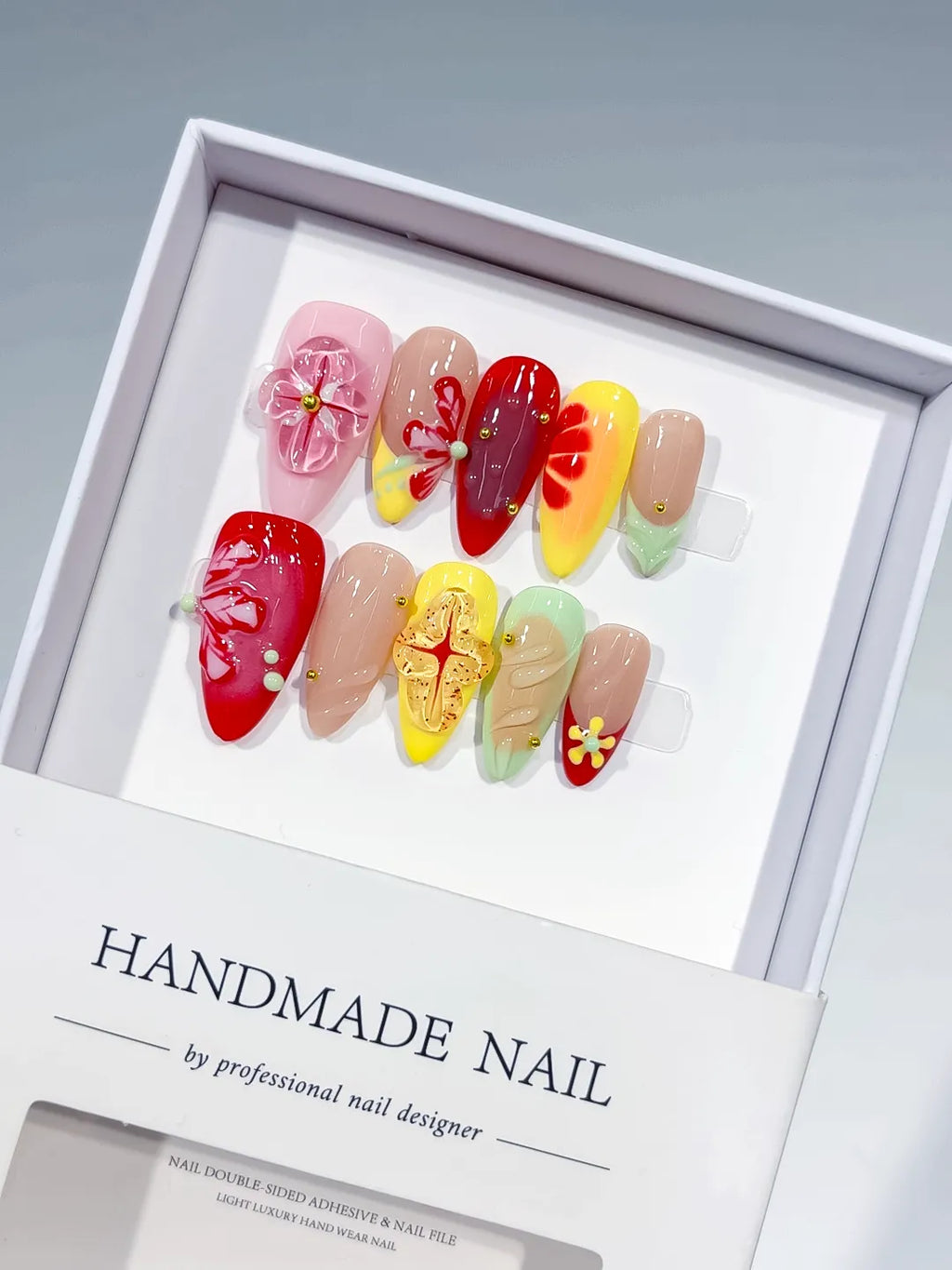 Red Yellow Pink Green Nude Abstract Flower Leaf 3D press on nails