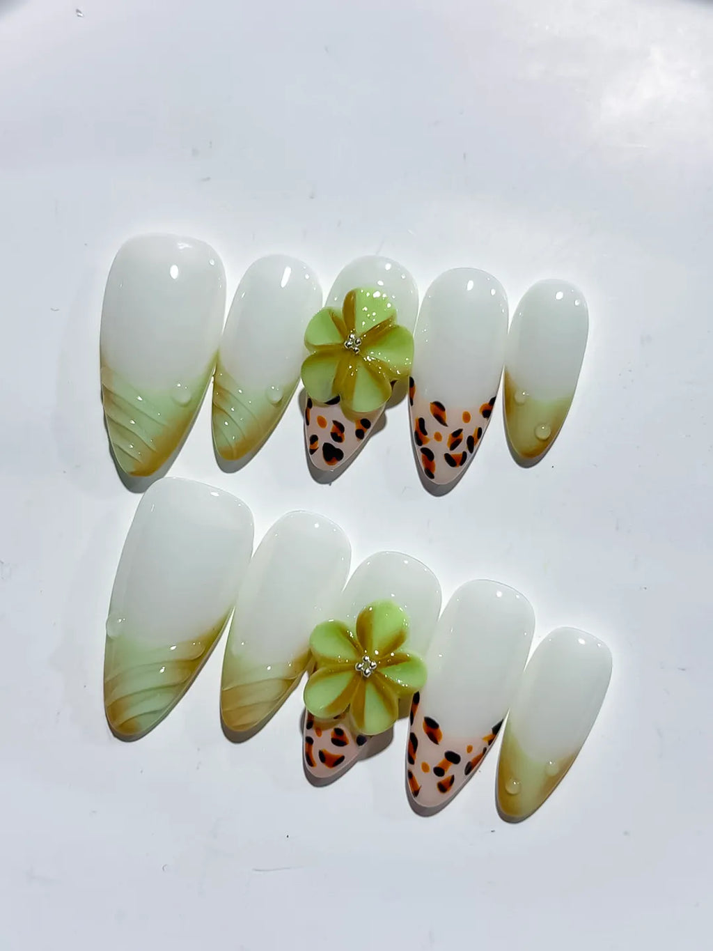 White Green Orange Ombre Flower Animal Print press on nails close up