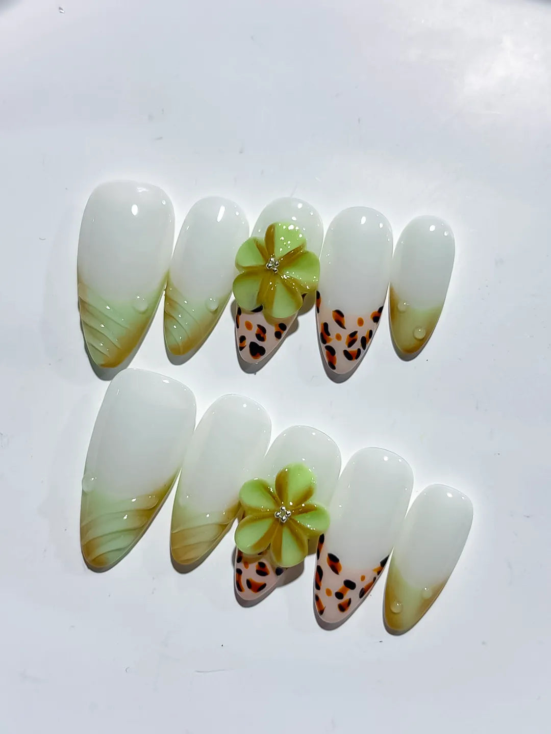 White Green Orange Ombre Flower Animal Print press on nails close up