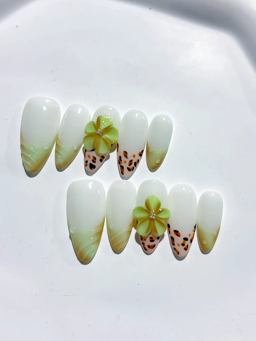 White Green Orange Ombre Flower Animal Print press on nails detail view