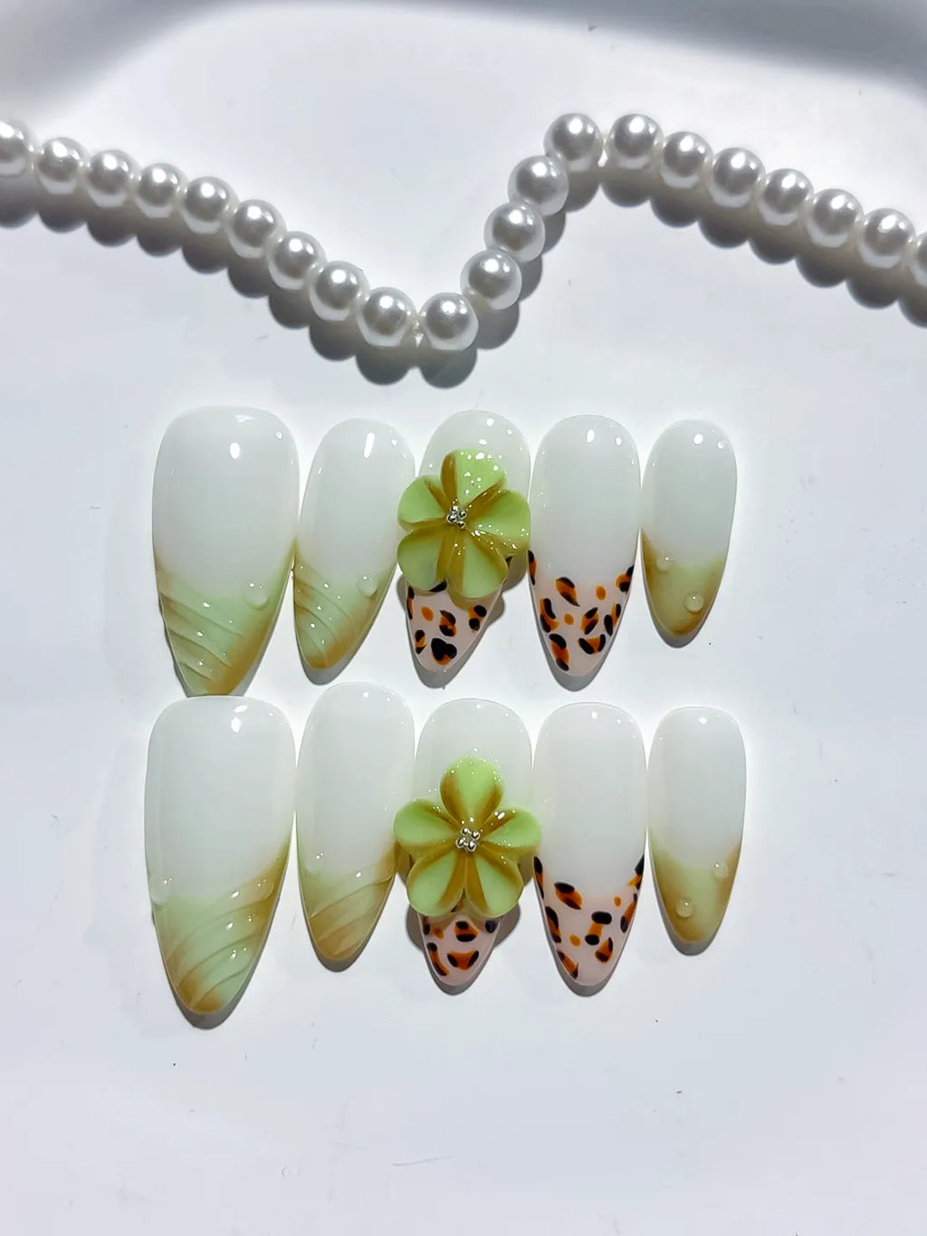 White Green Orange Ombre Flower Animal Print press on nails detail view