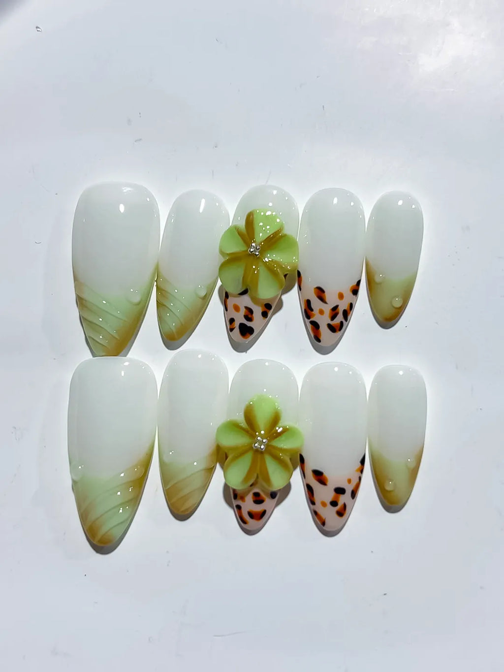 White Green Orange Ombre Flower Animal Print press on nails detail view