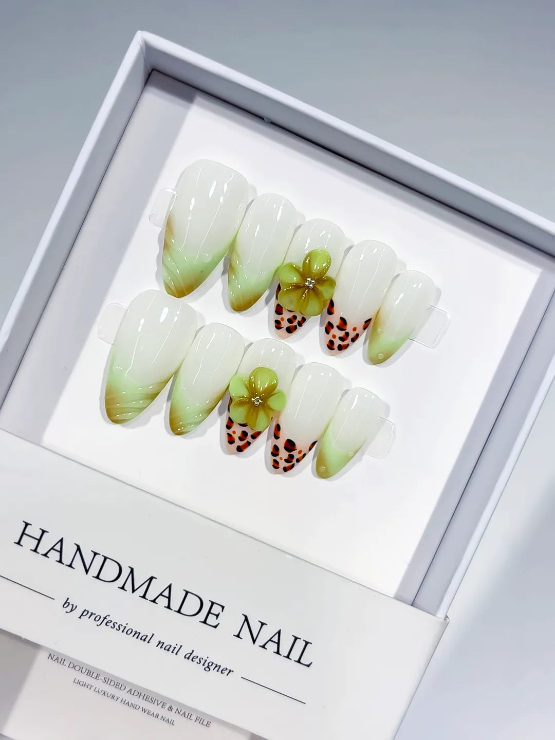 White Green Orange Ombre Flower Animal Print press on nails