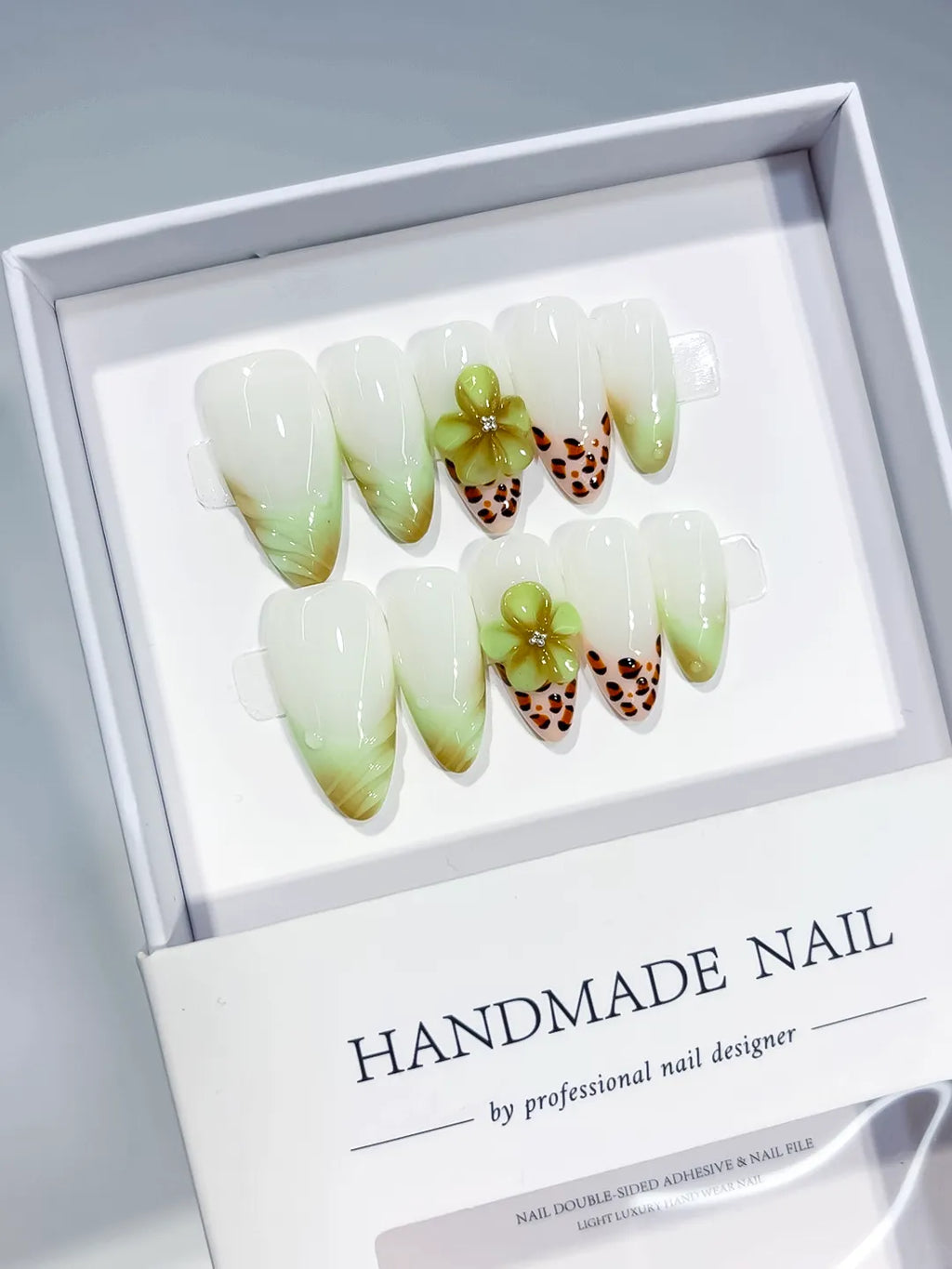 White Green Orange Ombre Flower Animal Print press on nails angled view