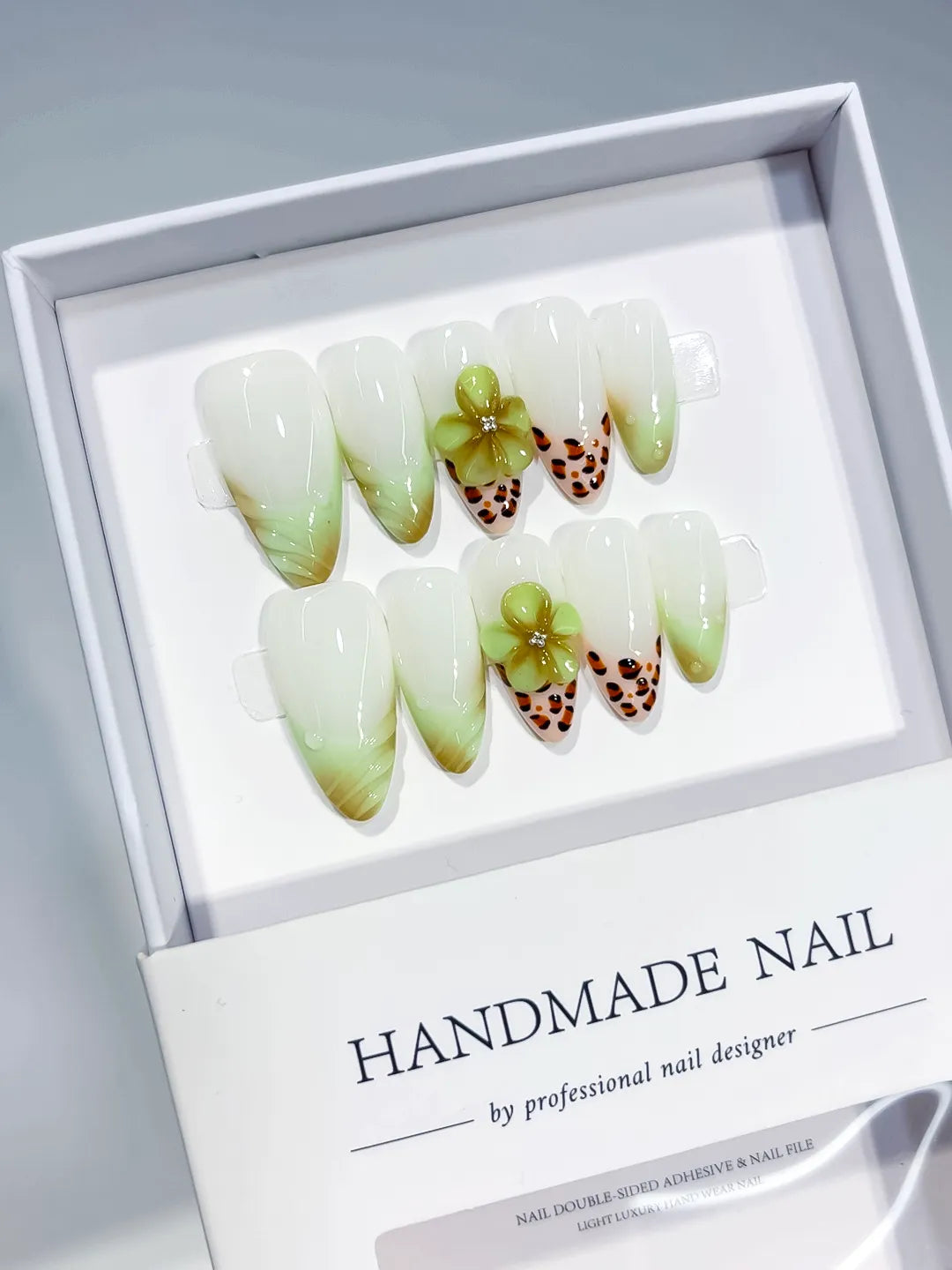 White Green Orange Ombre Flower Animal Print press on nails angled view