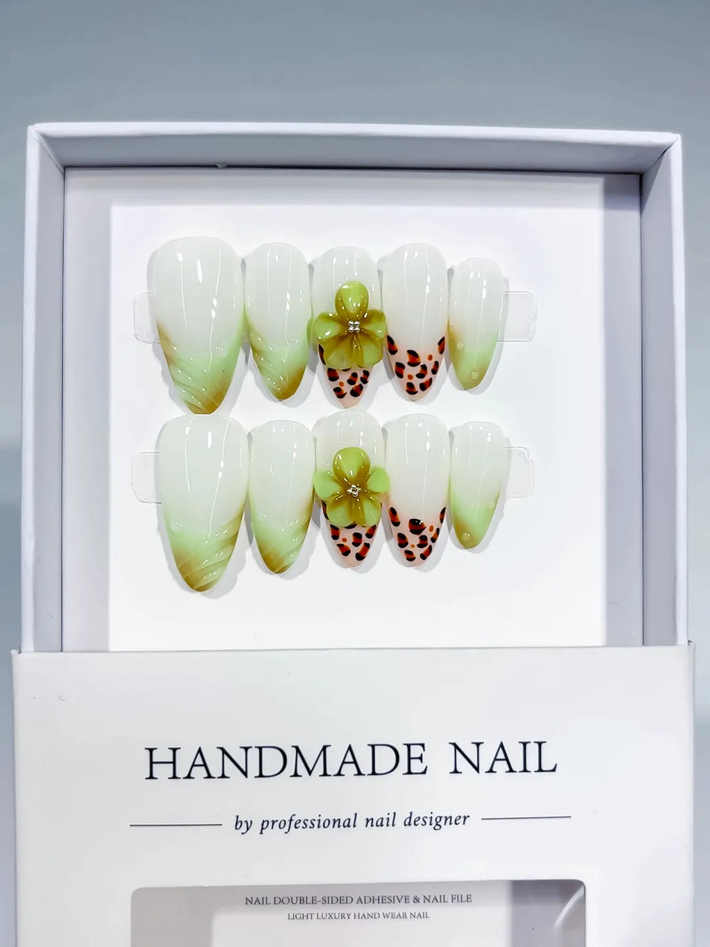 White Green Orange Ombre Flower Animal Print press on nails full set view