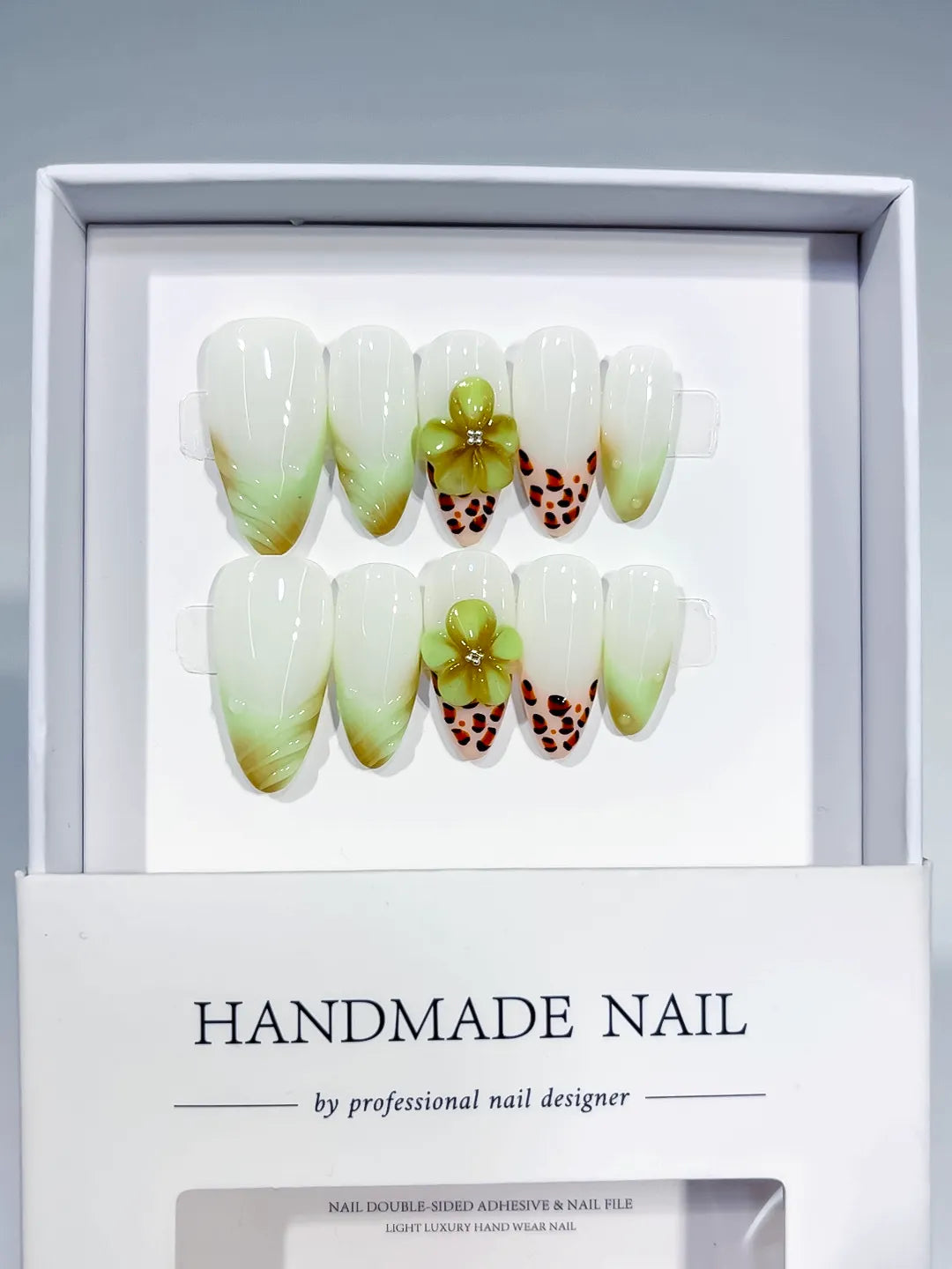 White Green Orange Ombre Flower Animal Print press on nails full set view