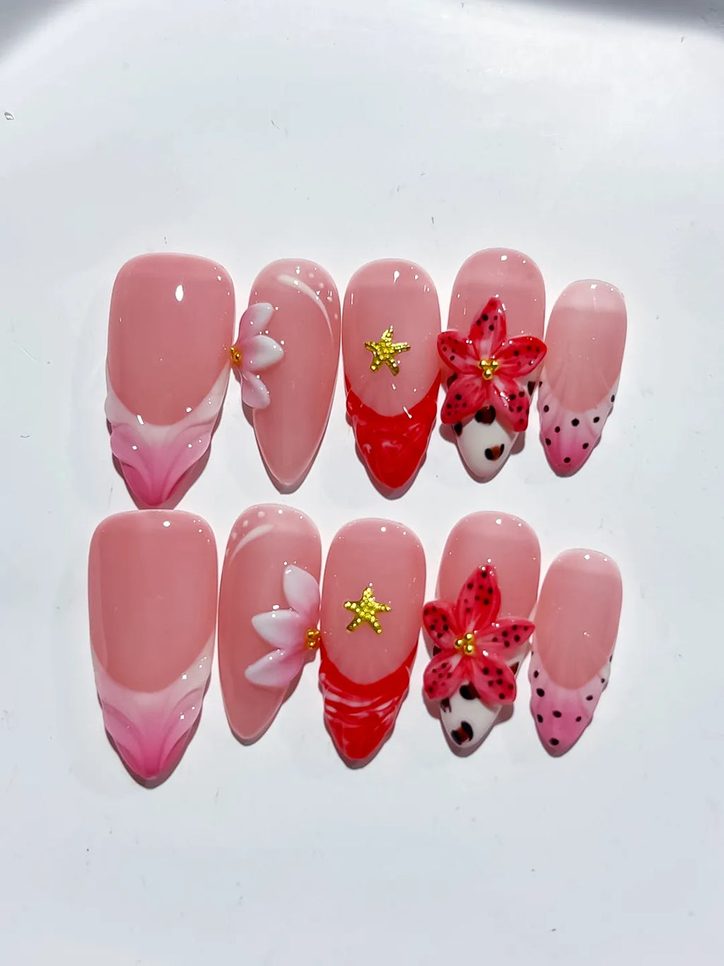 Pink Red White Black Abstract Flower Star Dot Pattern press on nails close up