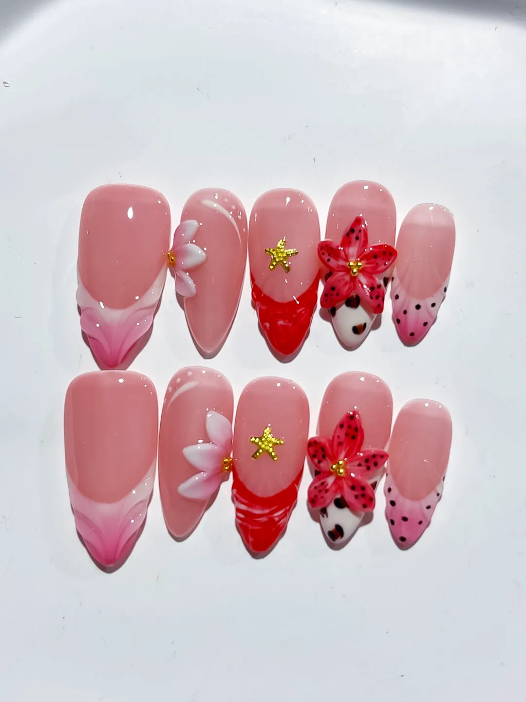 Pink Red White Black Abstract Flower Star Dot Pattern press on nails close up
