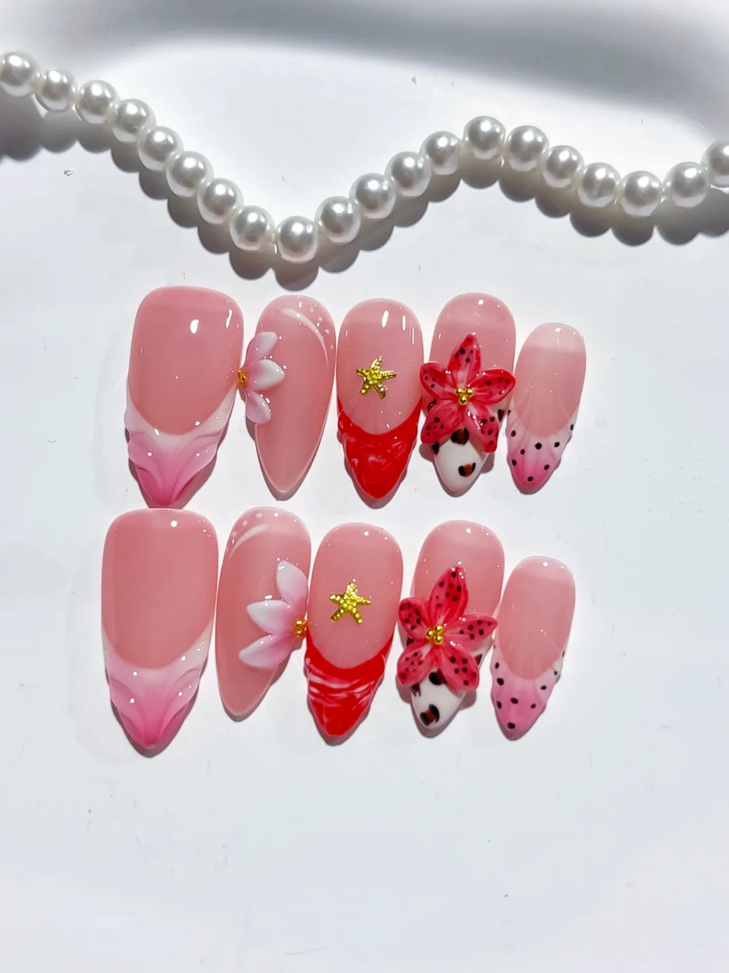 Pink Red White Black Abstract Flower Star Dot Pattern press on nails detail view