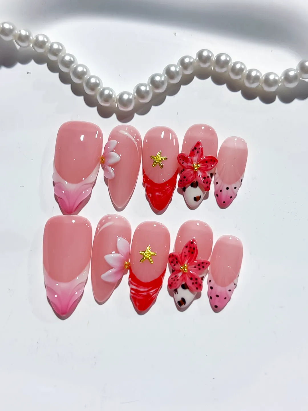 Pink Red White Black Abstract Flower Star Dot Pattern press on nails detail view