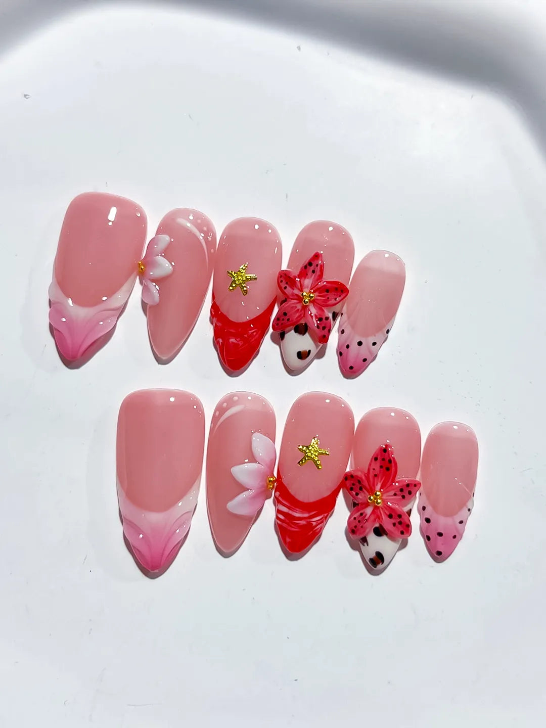 Pink Red White Black Abstract Flower Star Dot Pattern press on nails detail view