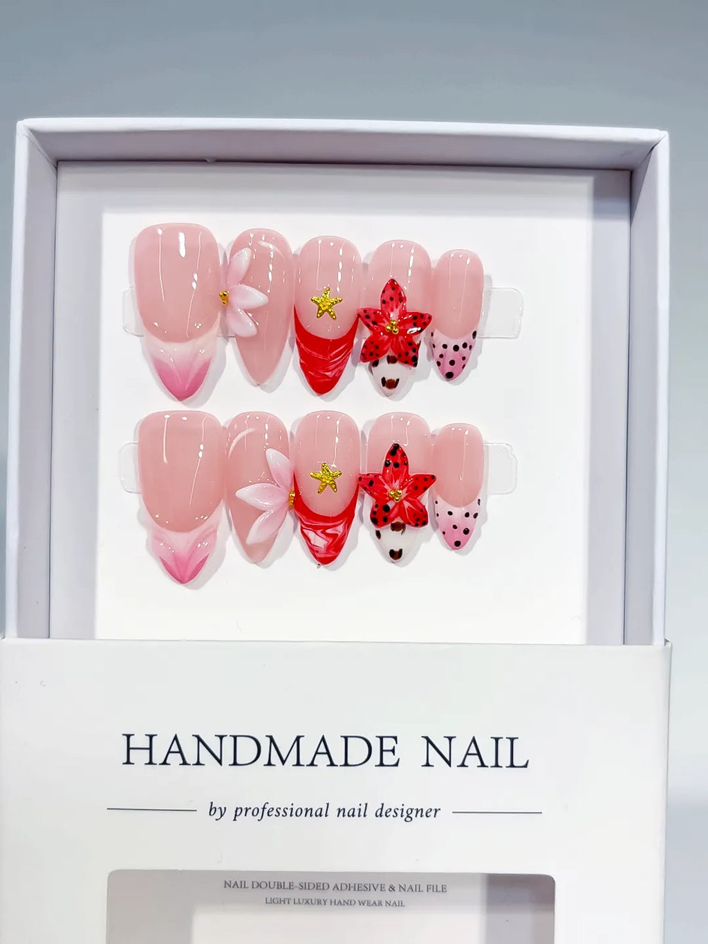 Pink Red White Black Abstract Flower Star Dot Pattern press on nails full set view