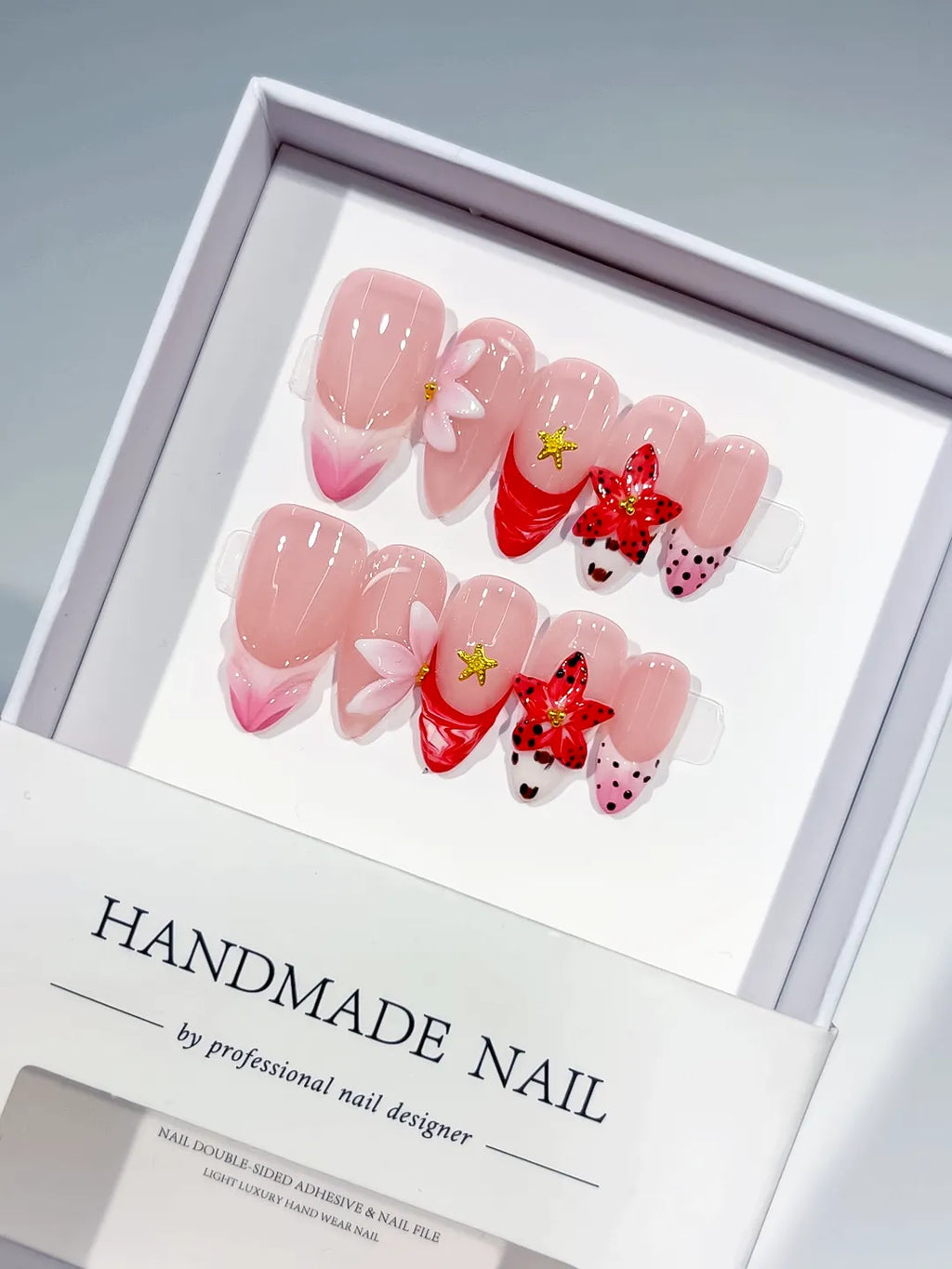 Pink Red White Black Abstract Flower Star Dot Pattern press on nails