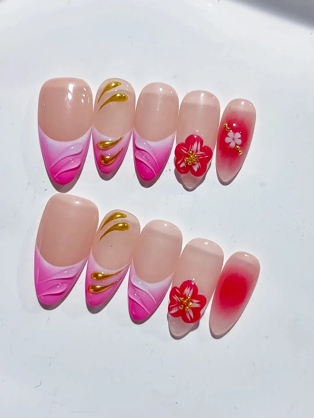 Gold Red Pink Nude press on nails detail view