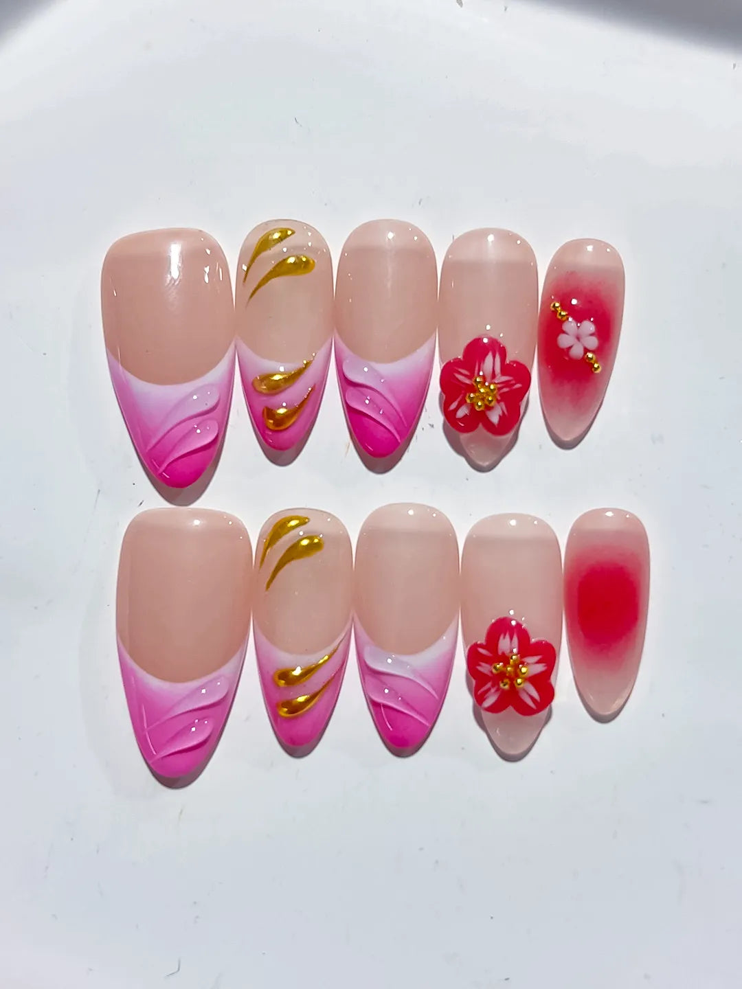 Gold Red Pink Nude press on nails detail view