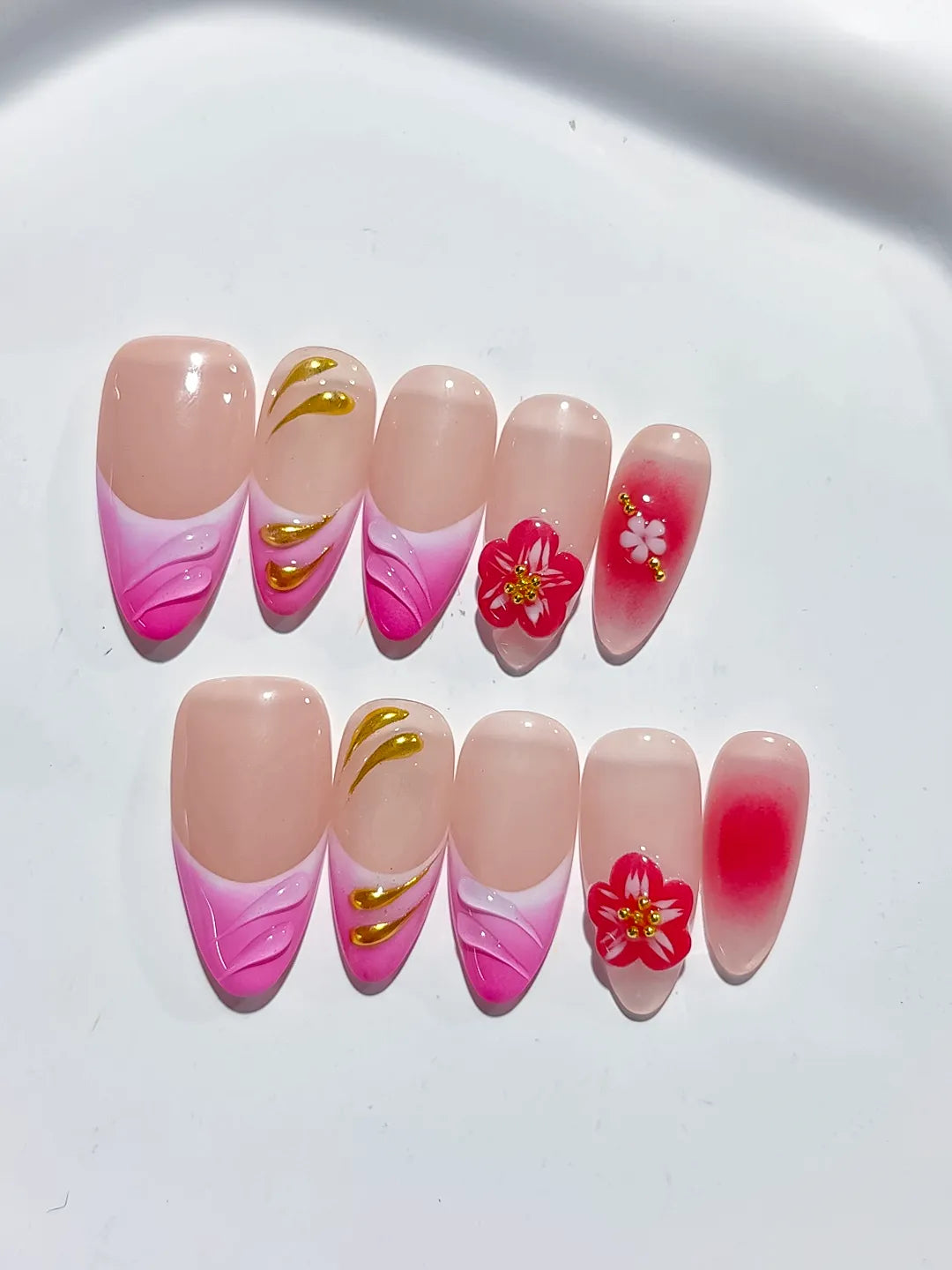 Gold Red Pink Nude press on nails detail view