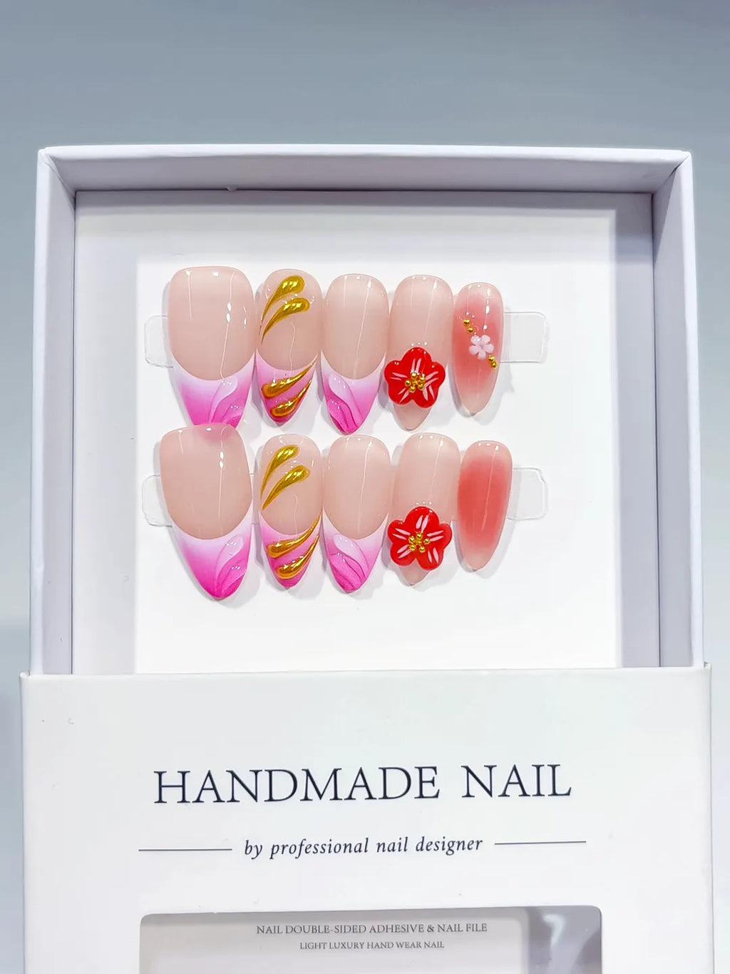 Gold Red Pink Nude press on nails full set view