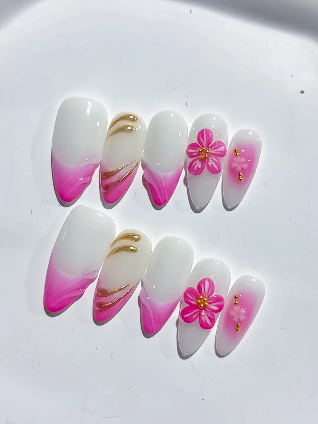White Pink Floral Ombre press on nails close up
