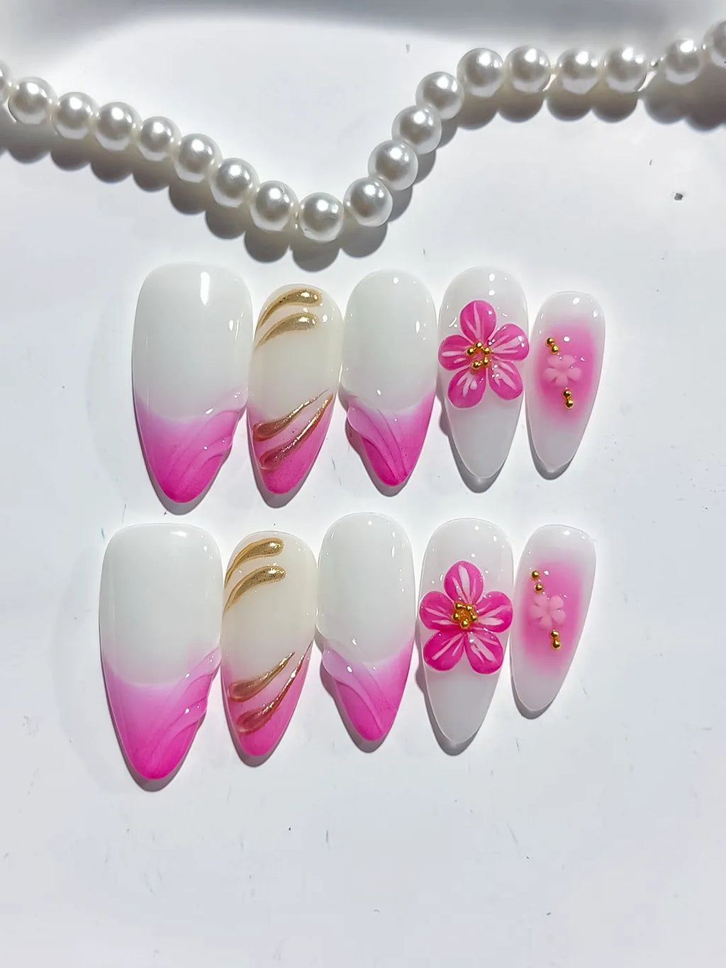 White Pink Floral Ombre press on nails detail view