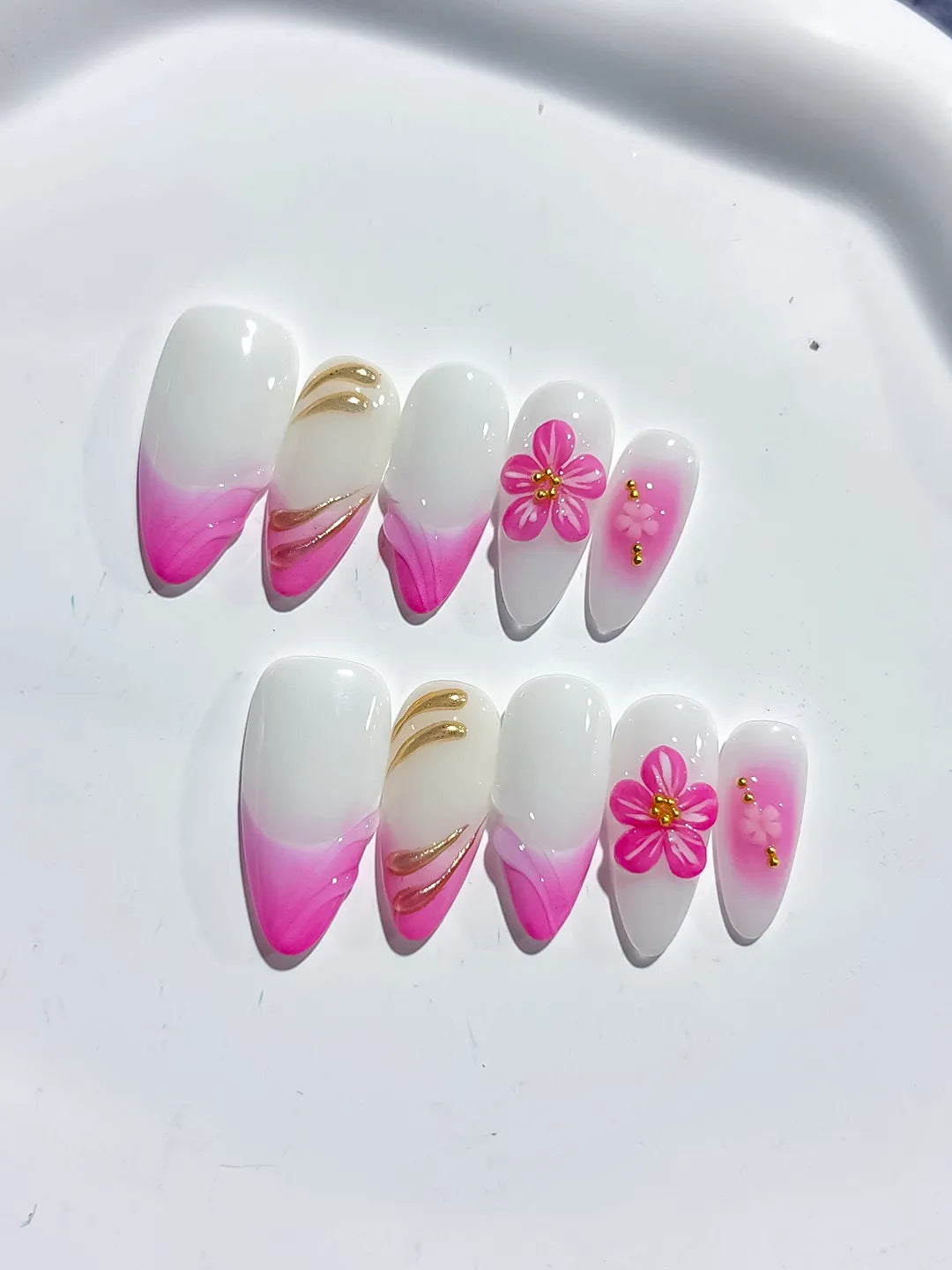 White Pink Floral Ombre press on nails detail view