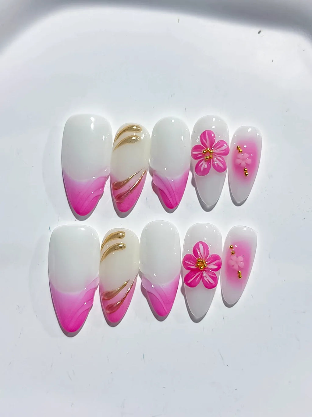 White Pink Floral Ombre press on nails detail view