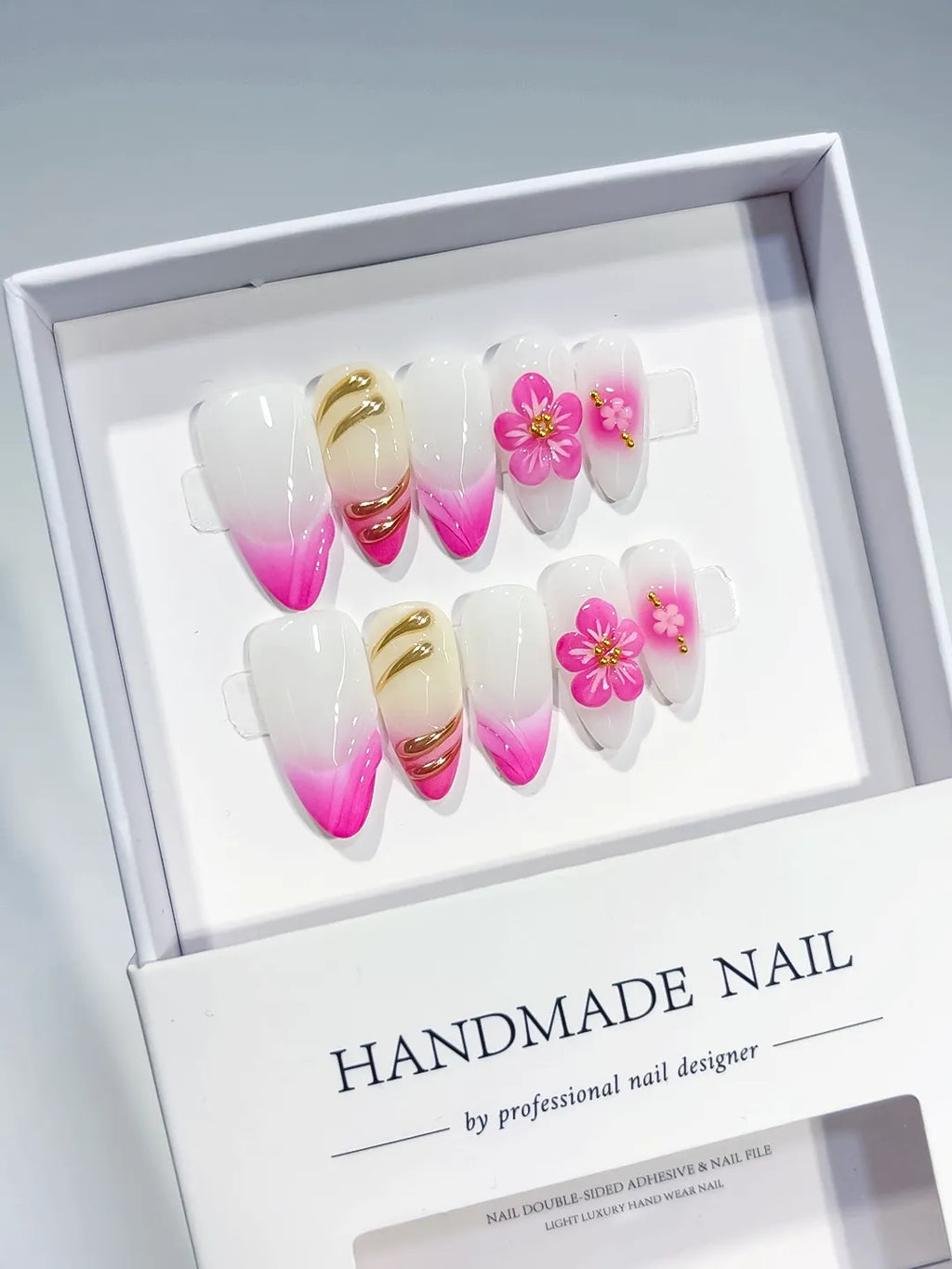 White Pink Floral Ombre press on nails angled view