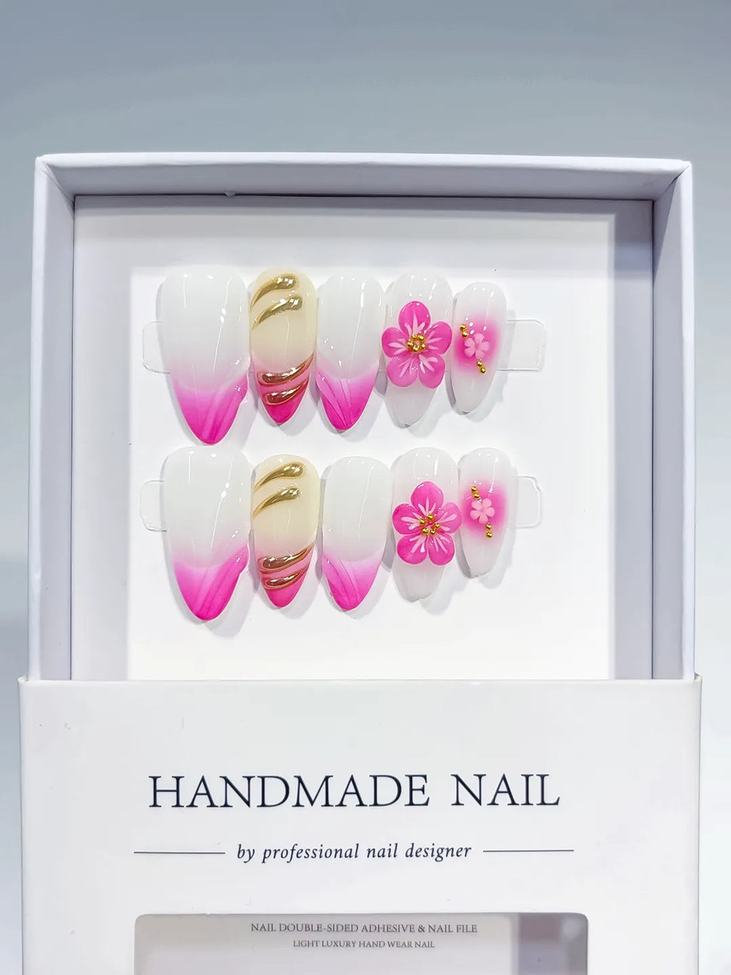 White Pink Floral Ombre press on nails full set view