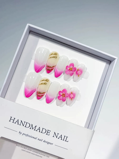 White Pink Floral Ombre press on nails