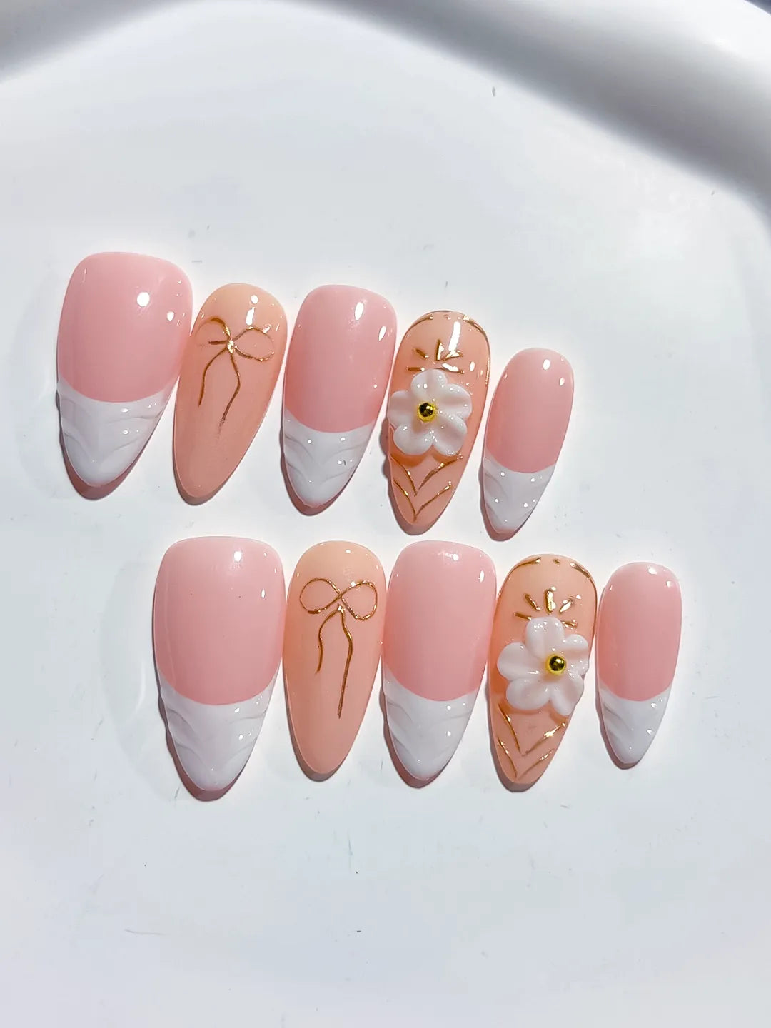 Pink White Nude French tip Flower Bow press on nails detail view