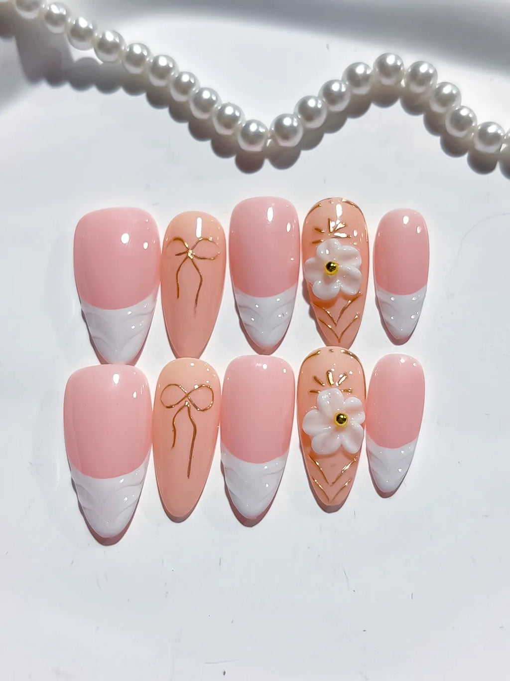 Pink White Nude French tip Flower Bow press on nails detail view
