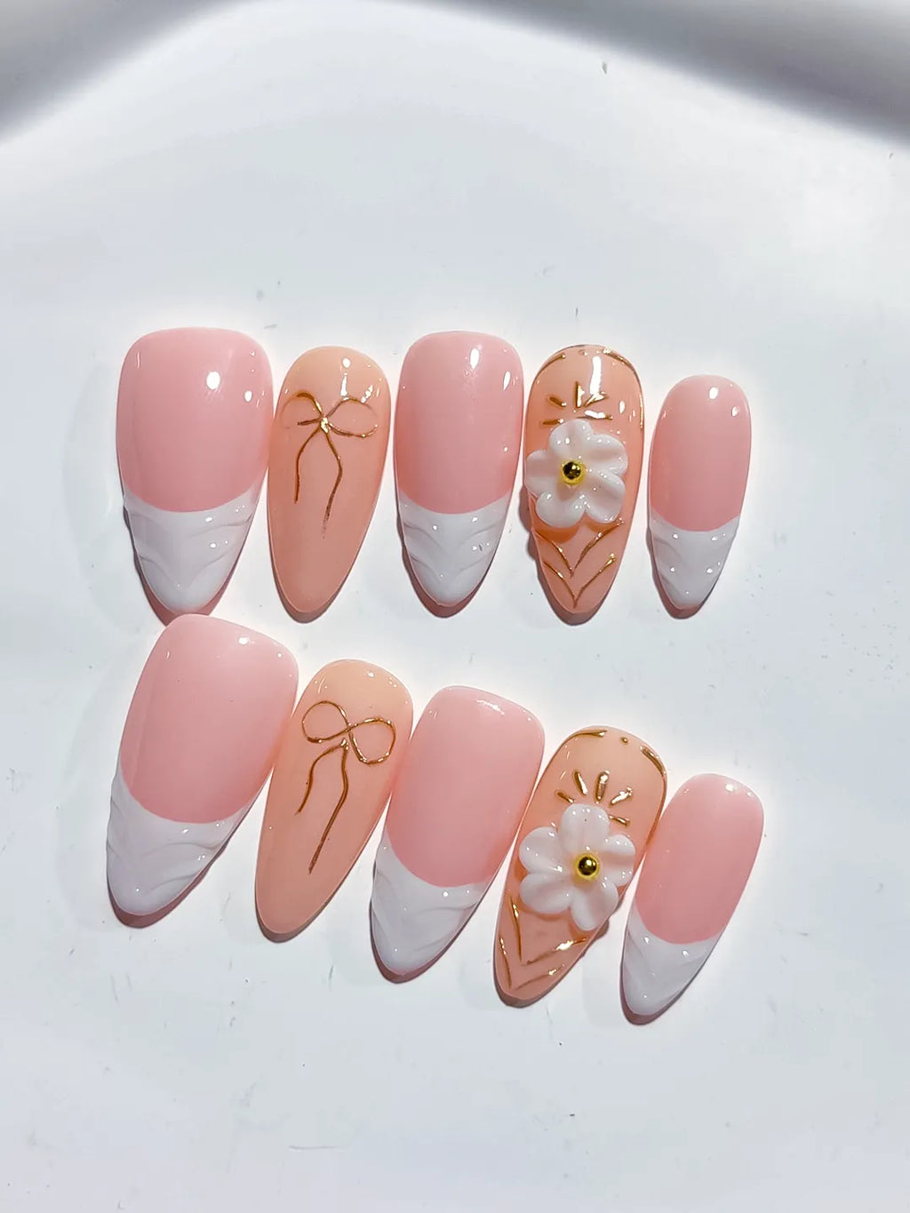 Pink White Nude French tip Flower Bow press on nails detail view