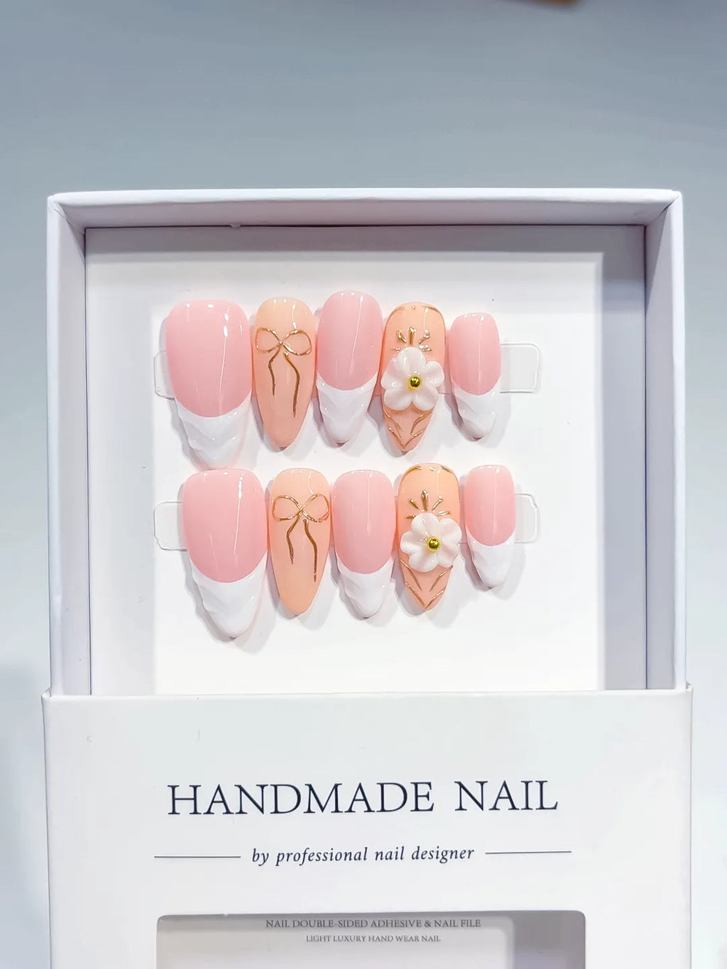 Pink White Nude French tip Flower Bow press on nails full set view