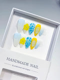 White Blue Yellow Abstract Flower Dot Pattern Shell press on nails