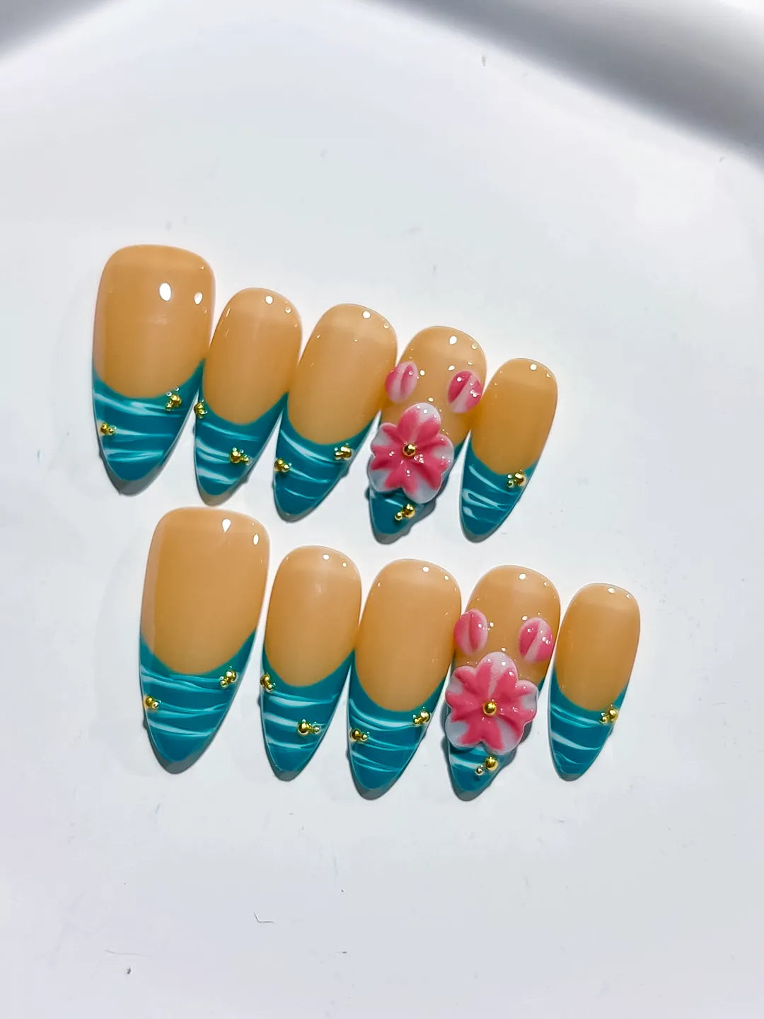 Nude Blue Pink French tip Flower Metallic Charm press on nails detail view