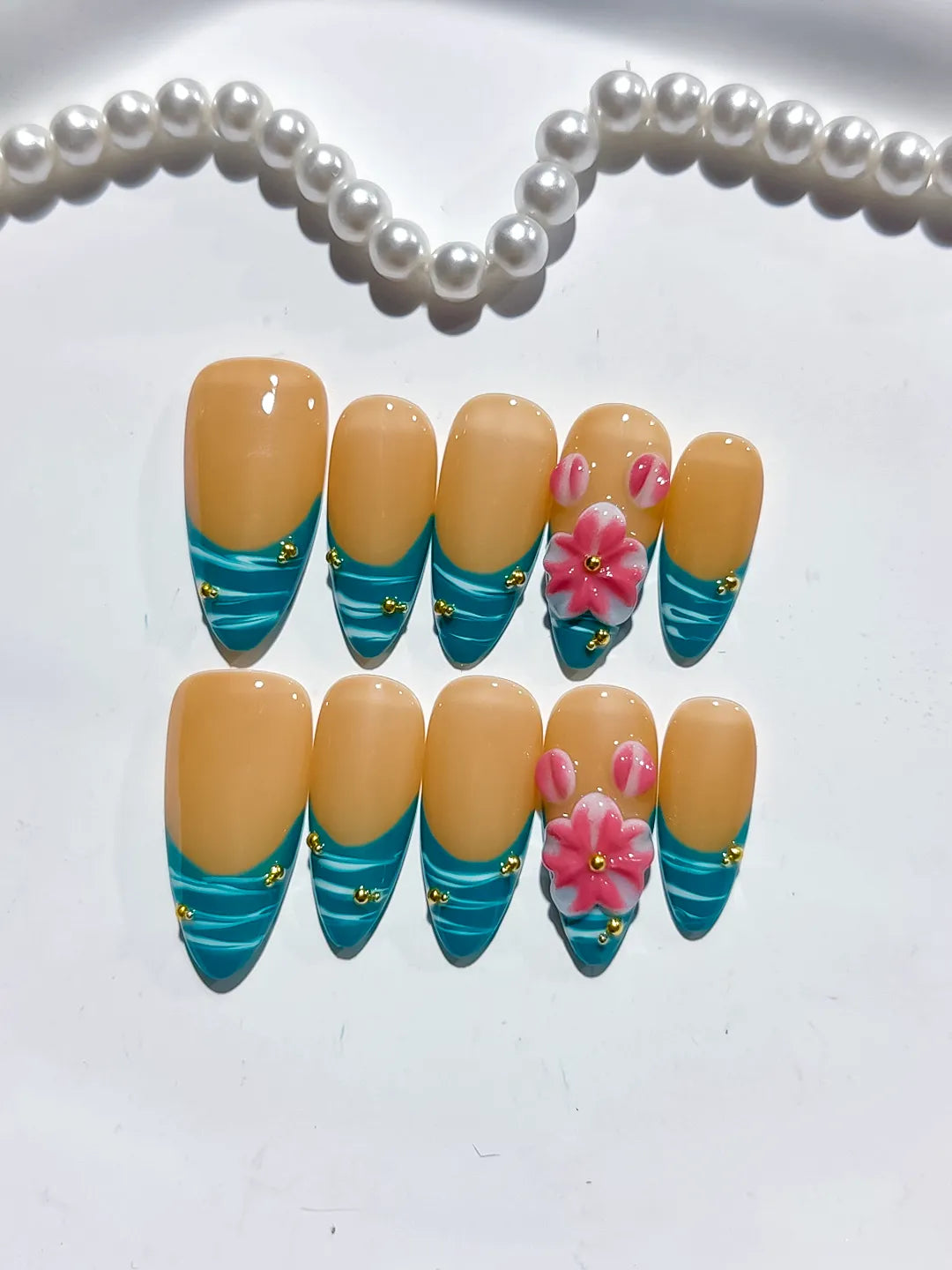 Nude Blue Pink French tip Flower Metallic Charm press on nails detail view