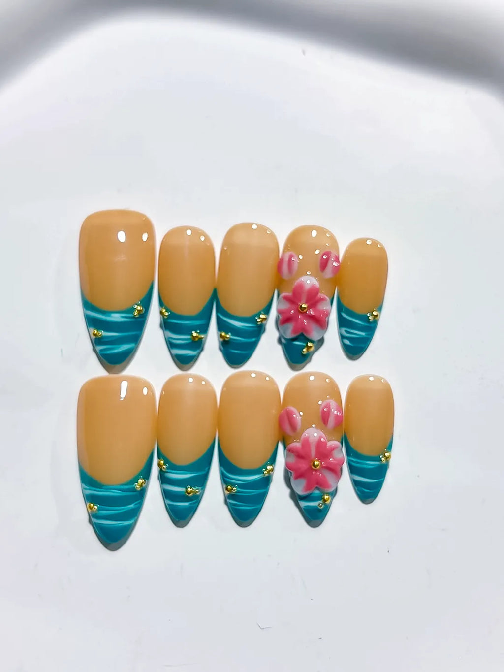 Nude Blue Pink French tip Flower Metallic Charm press on nails detail view