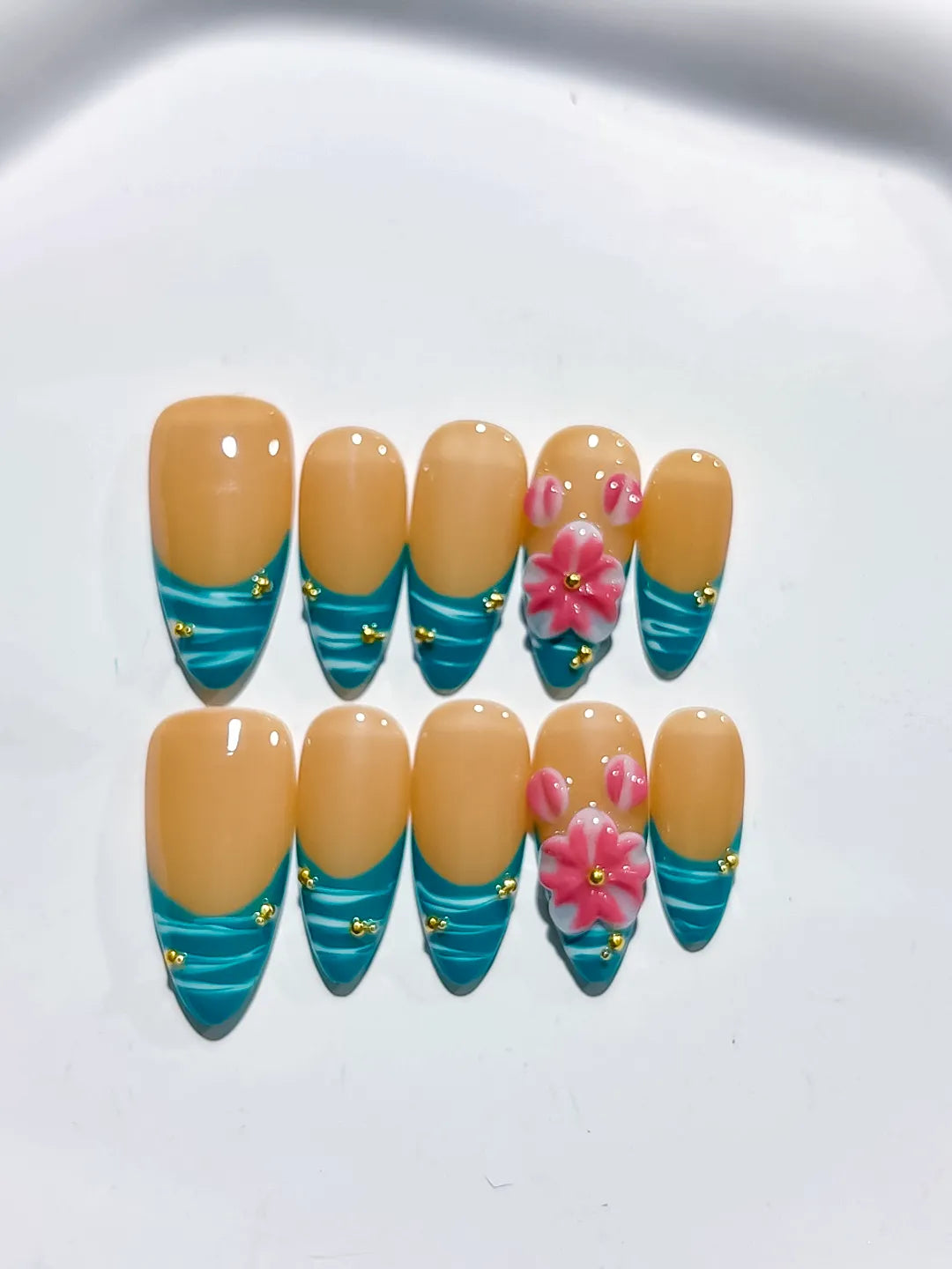 Nude Blue Pink French tip Flower Metallic Charm press on nails detail view