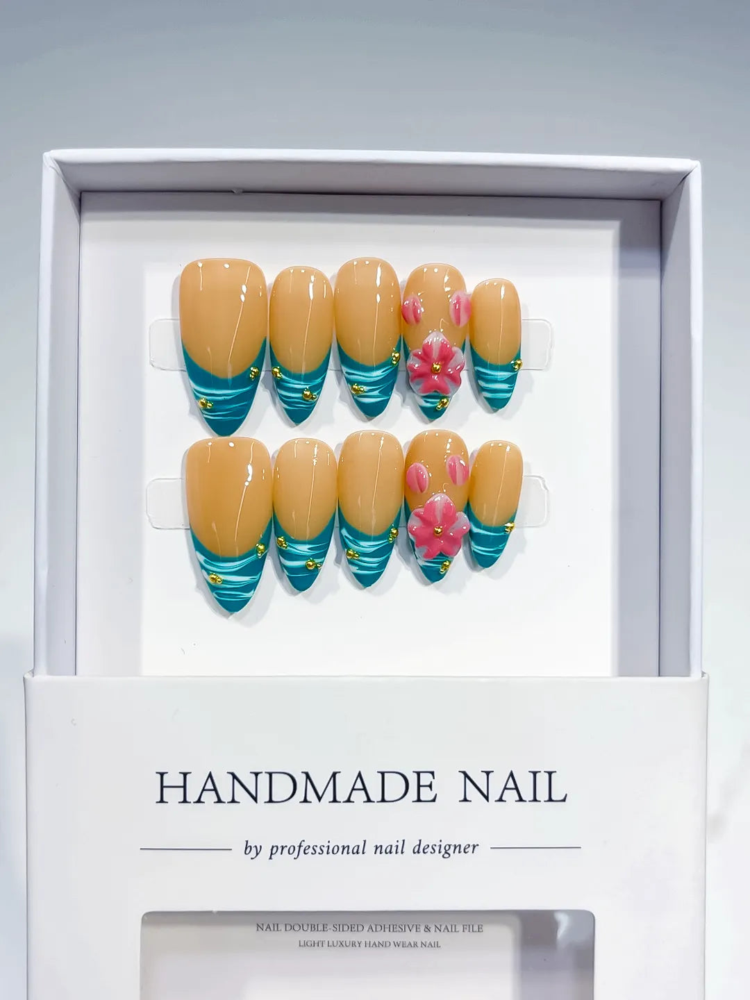 Nude Blue Pink French tip Flower Metallic Charm press on nails full set view