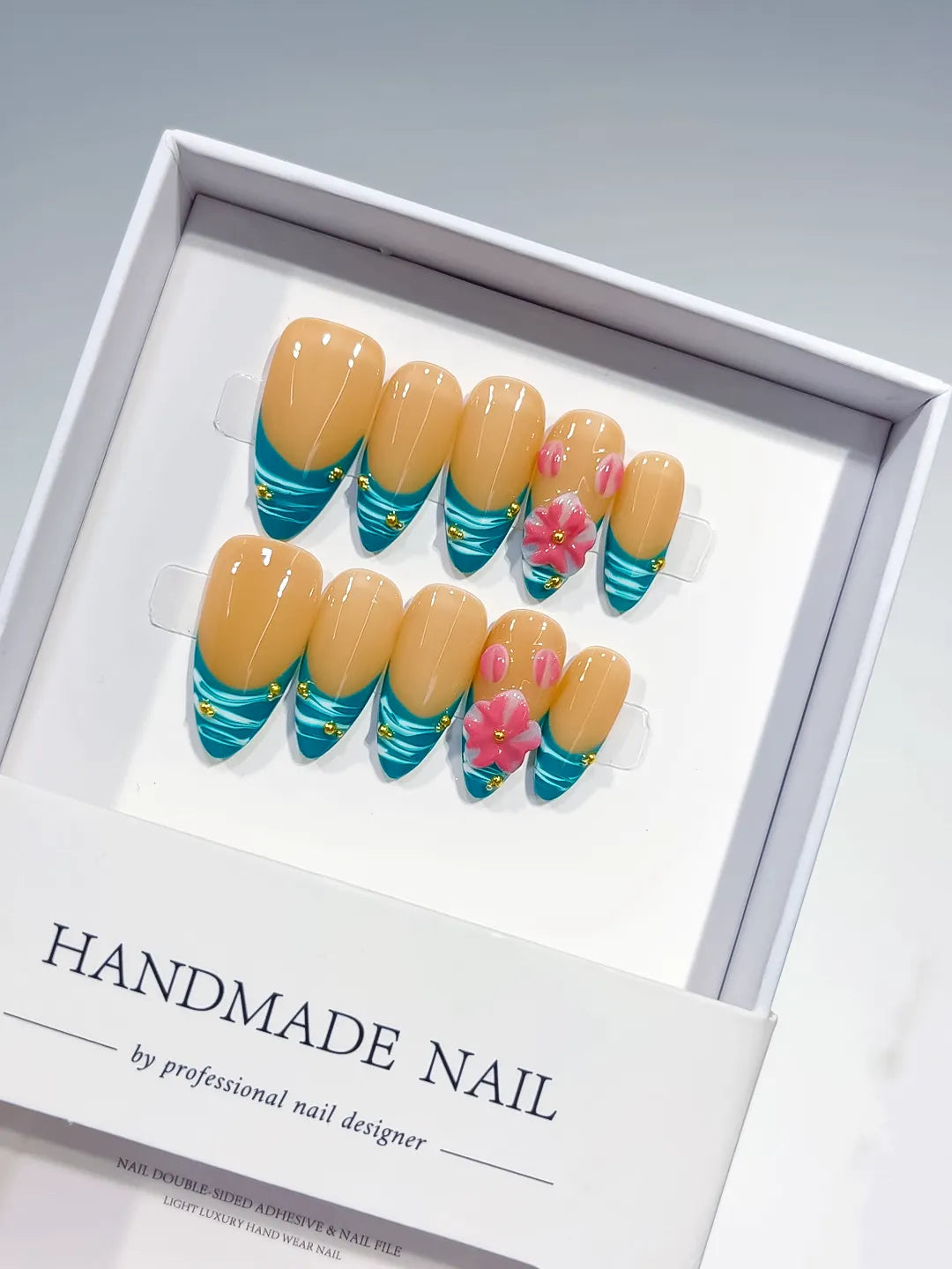 Nude Blue Pink French tip Flower Metallic Charm press on nails