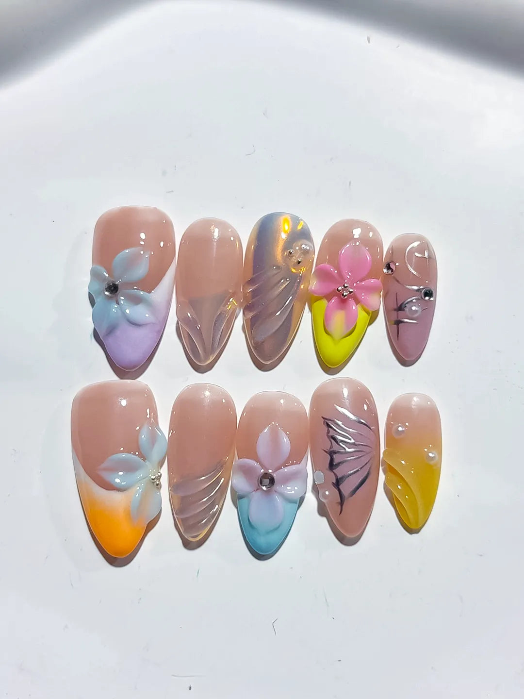 Nude Yellow Blue Purple Silver Abstract Flower Leaf Metallic Charm press on nails close up